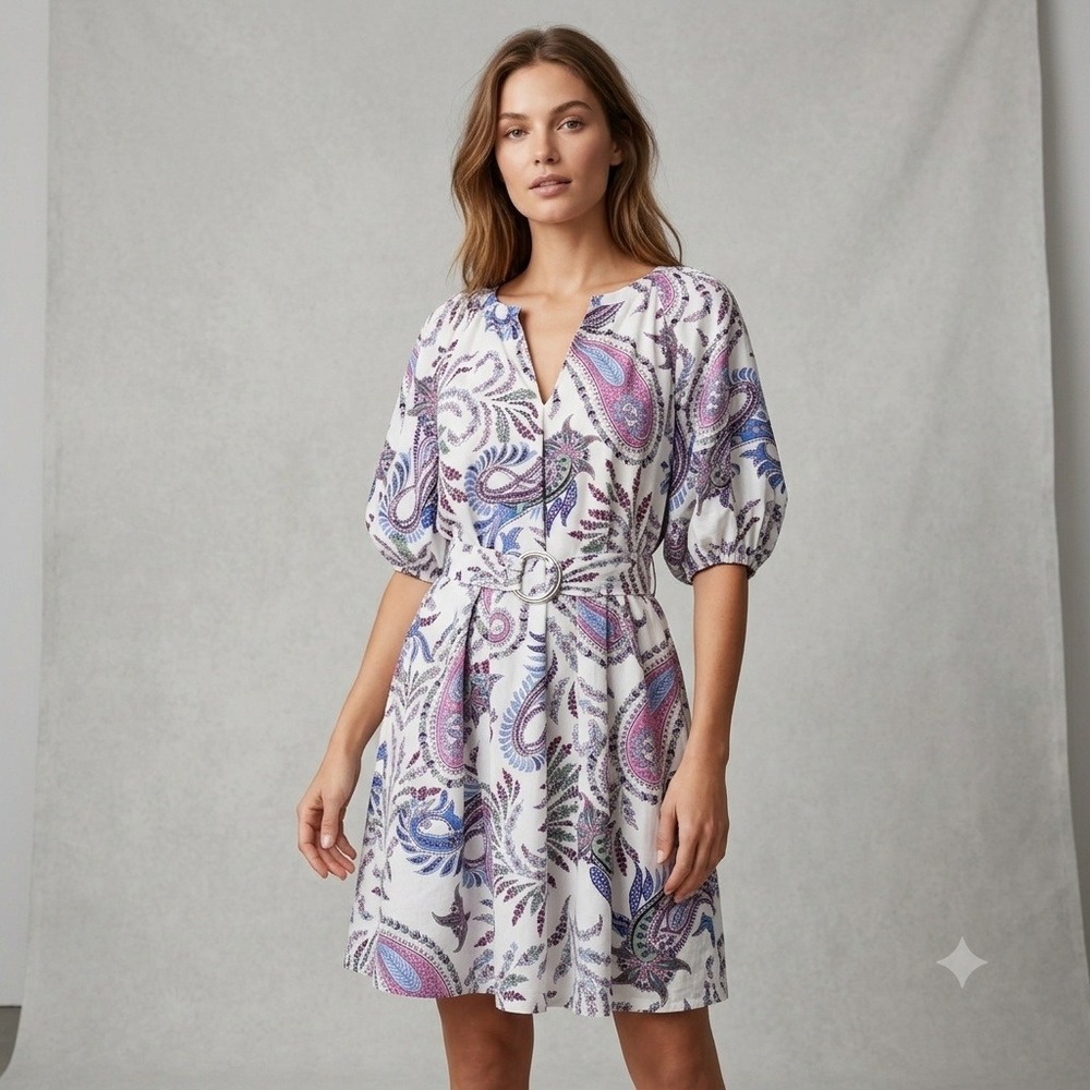 LOFT White Paisley Mini Dress with Pink and Blue Prints